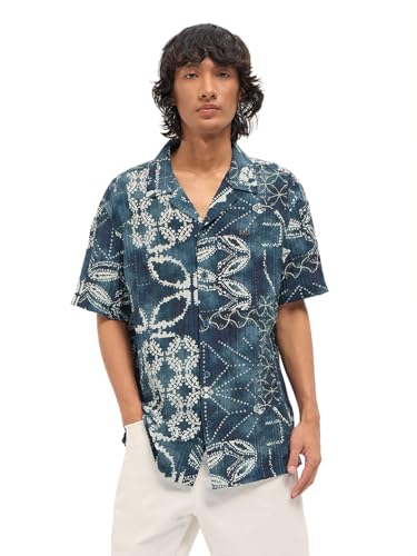 Image of Men's Blue Relaxed Fit Digital Print Woven Casual Shirt