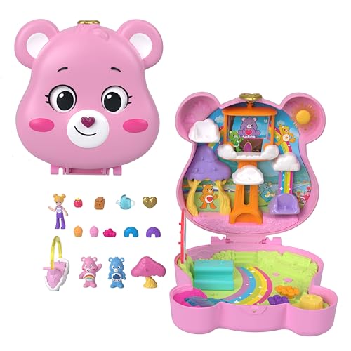 Polly Pocket Coffret Les Bisounours avec figurines, petite voiture et accessoires thématiques, jouet de voyage, coffret partenariat, JCC14