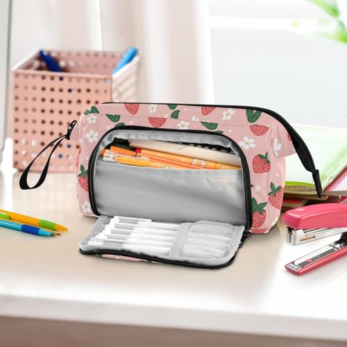 Image of Cute Strawberry Flower Pencil Bag Pencil Case for Teen Boy Girl, Big Capacity Pen Bag Zipper Pencil Pouch with Handheld Aesthetic Pencil Pouch School Office Stationery
