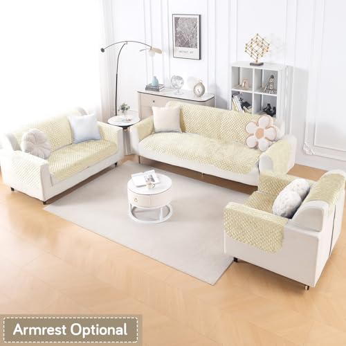 Image of HOKIPO Quilted Sofa Cover 6 Seater Set - Washable 3+2+1 Sofa Panel for Seat & Back | 'Quilt Classic' Beige (IN-927+926+925 * 2-Beige)