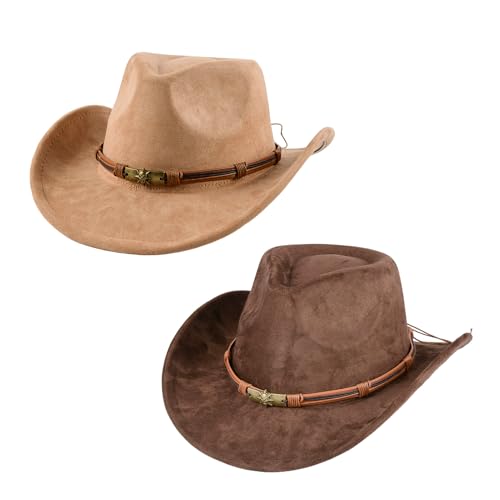 YASHIIN Cowboyhut für Männer und Frauen mit breiter Krempe im Freien Wildleder Hut 2er Pack Klassische Kaffeefarbe Weich Bequem Verstellbare Größe mit Metall Schädel Geflochtenes Band
