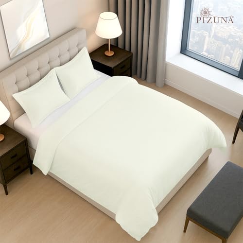 Image of Pizuna 100% Cotton Duvet Cover Double Bed, 400 Thread Count Long Staple Cotton Sateen Weave Quilt Cover 90X100 Inch, Comforter Cover King Size Double Bed with 4 Corner Ties, Off White