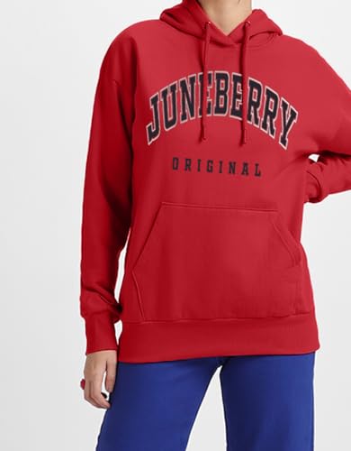 Image of JUNEBERRY Fleece Oversized Baggy Fit Hooded Sweatshirt Drop Shoulder Typographic Logo Printed Full Sleeve Hoodie for Women (Availabe Colors: Copper Tan, Rust & Red)