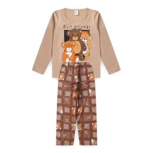 Pijama Longo Infantil Menino Blusa e Calça Ursinhos Amigavéis (Bege, 14)