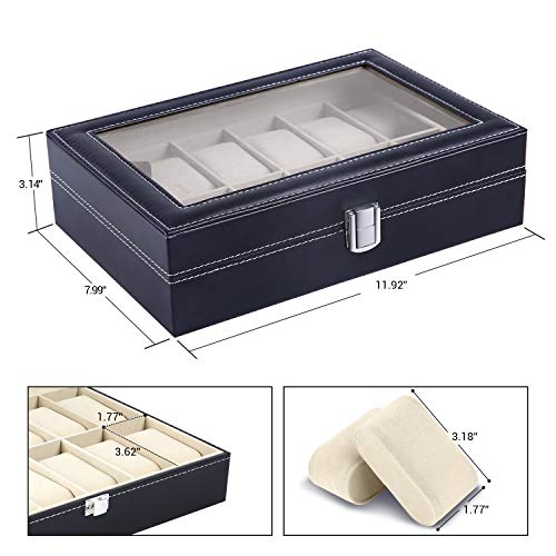 Ohuhu Watch Cases for Men, Watch Box Watch Holder Watch Organizer Display Storage 12 Slot PU Leather Real Glass Lid Soft Velvet Jewelry Box for Men and Women Perfect Birthday Gifts - Thumbnail 6