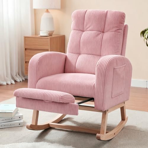 Image of NIOIIKIT Nursery Rocking Chair, Corduroy Upholstered Rocking Chair with Adjustable Footrest, Tufted Rocker Chair with Side Pocket, Glider Rocker for Living Room, Bedroom (Pink Retro)