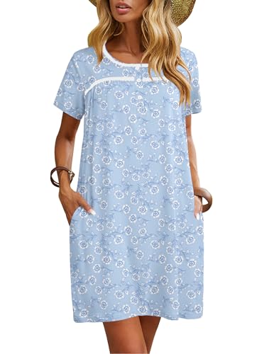 Ekouaer Women Nightgowns Short Sleeve Sleepwear Soft Pajama Dress Sleep Shirt Nightshirt Light Blue Print L
