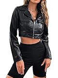 WDIRARA Women's PU Leather Zip Up Flap Pocket Long Sleeve Motorcycle Cropped Jacket Black L