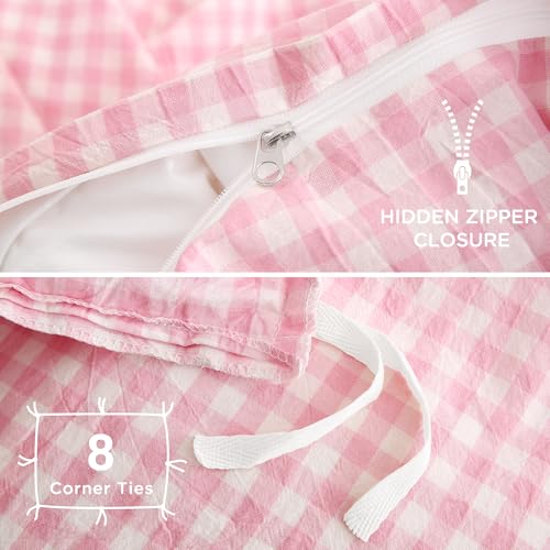 Image of TOCOMOA Pink Gingham Duvet Cover Bedding Set 100% Washed Cotton Like Linen Feel Super Soft Comfortable 2 Piece Cute Plaid Checkered Comforter Cover Set (Twin 68 inchx90 inch, Comforter Not Included)
