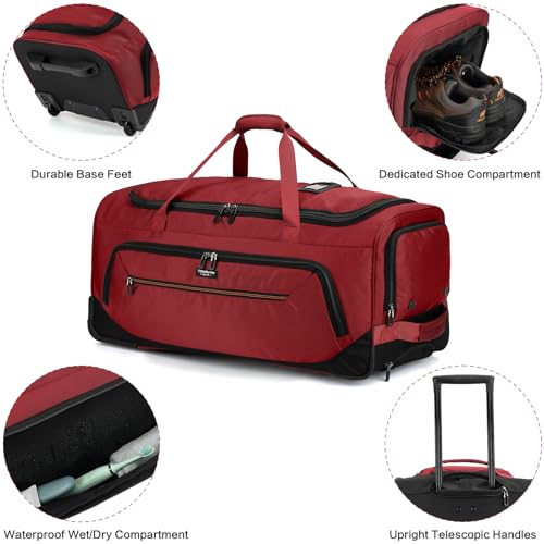 Image of Large Rolling Duffle Bag with Wheels and Handle 85L 29 inch Travel Duffel Bag for Men Women with Shoe Compartment & Wet Pocket, 2 Wheeled Checked Luggage for Business Travel Long Trips, Red