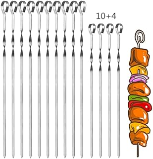 Barbecue Kebab Skewers, YFWOOD 14 Pieces BBQ Skewer 16.9"/9.84" Stainless Steel Metal Flat Grilling Stick Set for Outdoor Camping,Outings,Cooking Tools (43/35cm)