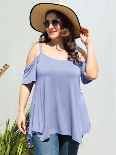 Image of LARACE Cold Shoulder Tops for Womens Summer Clothes Spaghetti Strape Tunic Oversized Shirts Asymmetrical Plus Size Blouse