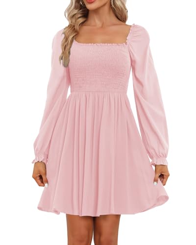 Image of Holipick Women's Casual Square Neck Smocked Dress Shirred Ruffle Puff Sleeve High Waist Cute Flowy A-Line Short Dress