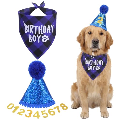 DOPENSPI 4 Stücke Hunde Geburtstags Bandana Mütze, Hunde Geburtstag Hut Bandana Set mit 8 Bling Nummern Hundegeburtstagskrawatte Krawatten Hundegeburtstagsgeschenk für Hundegeburtstagsparty(blau)