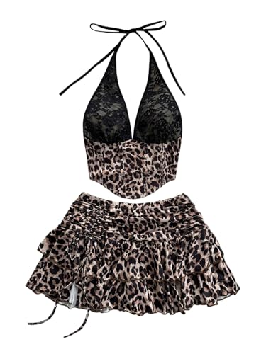 SOLY HUX Women's Leopard Skirt Outfits 2 Piece Sleeveless Halter