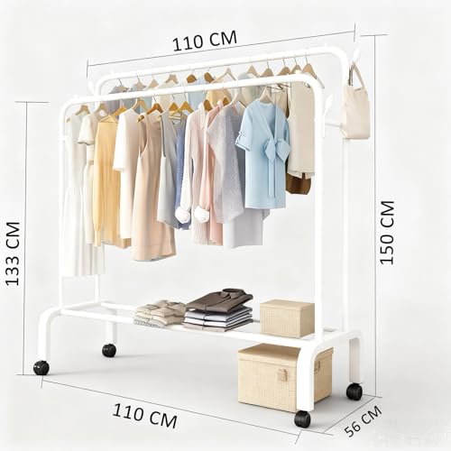 Image of Mevigo Heavy Duty Metal Clothing Rack with Storage Shelf | Freestanding Garment Organizer for Clothes, Shoes & Bags | Modern Wardrobe Rack for Bedroom, Entryway & Laundry Room (Matt White, 2- Rail)