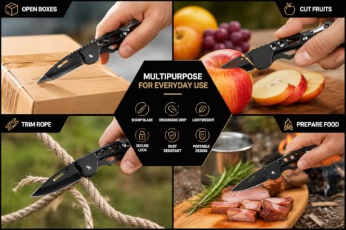 Image of Foldable Pocket Knife with Carabiner Clip - 6 Inch Carbon Steel Manual Folding Blade for Kitchen, Camping, Travel and Office Use | Multipurpose Box Opener Utility Knife