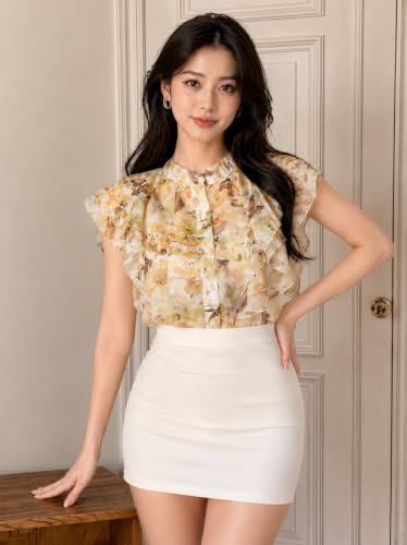 Image of Women's Shirt | Premium Chiffon Allover Print Sleeveless Shirts for Casual & Office Wear | Stylish Summer Button-Down Shirt for Girls & Women