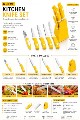 Image of 5-Piece Kitchen Knife Set with Stand, Stainless Steel Blades, Includes Peeler, 14x9x4 cm Block Multicolour (Yellow, 5pcs Knife Yellow)