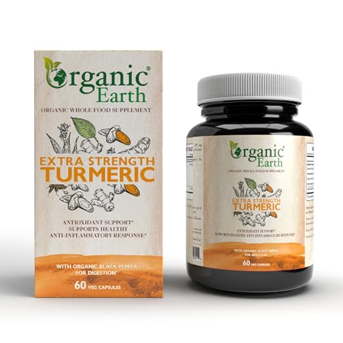 Organic Earth Plant Based Extra Strength Turmeric 4-in-1 60 Capsules Benefits - Joint Support Brain Health Vegan Gluten Free Clean Nutrition
