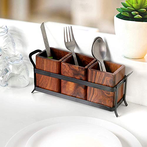 Image of Wooden and Iron Cutlery Holder, Cutlery Set For Dining Table, Spoon Stand For Kitchen, Utensils Holder For Kitchen, Multipurpose Organizer Stand (Set of 3) | Vervique Emporium Wooden Cutlery Holder with Removable Compartments