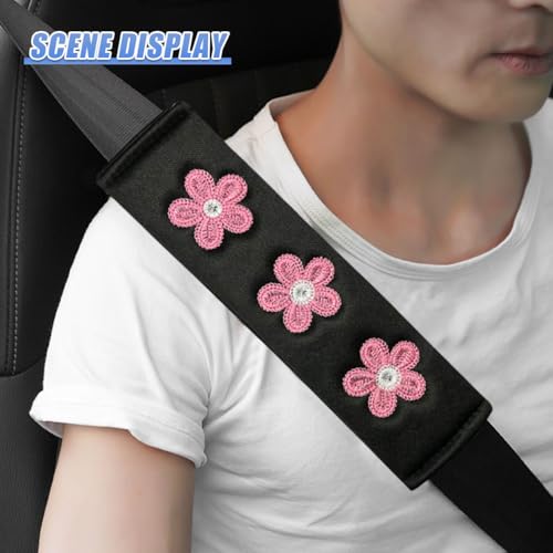 Image of 2PCS Daisy Flower Car Seat Belt Cover Pads, Protect Neck, DeepPink | Soft Breathable Auto Seat Shoulder Strap Pad, Comfortable Seatbelt Cushion, Vehicle Interior Decoration for Cars, Trucks