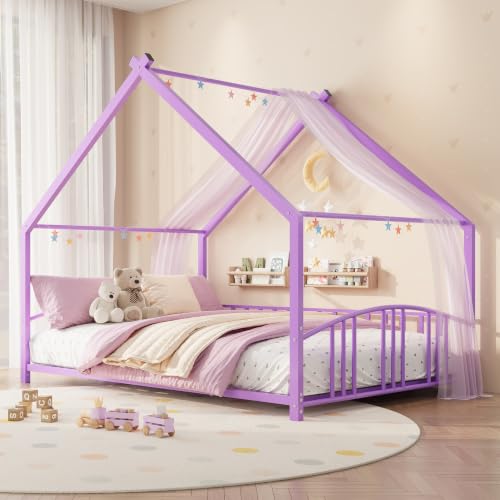 Image of Garvee Full Size Metal House Bed Frame for Kids, Purple
