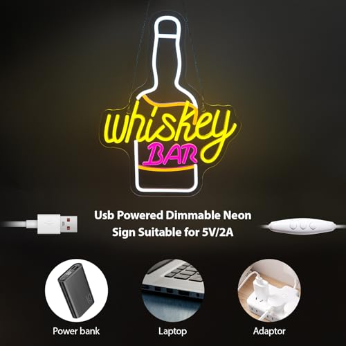 Image of Whiskey Bar Neon Sign for Wine Decor Neon Beer Signs for Party Decor LED Wine Bottle Light Up Bar Pub Lounge Man Cave Wall Art Alcohol Gifts for Beer Lover Bartender