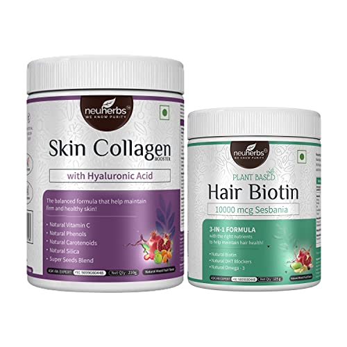 Valocity Neuherbs Skin Collagen Booster with Hyaluronic Acid -210 g & Plant Based Hair Biotin 10000 mcg Sesbania -125 g | Biotin for Hair Growth, Collagen for Improve Skin and Hair Health- Combo pac