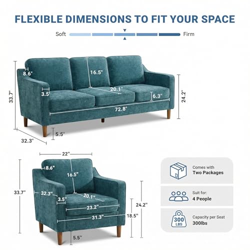 Image of Kingfun Couch Sets for Living Room, 3 Seater Couch and Armchair, Mid Century Modern Sofa Set, Chenille Couch with Solid Wood Frame for Bedroom