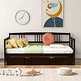 P PURLOVE Twin Wood Daybed with Rails, Twin Bed Wooden Slats Support Modern Living Daybed with Trundle Bed, Espresso