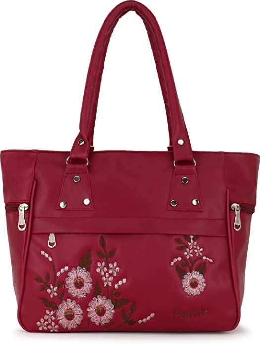 AKSUTI Women PU Leather Handbags Flower Embroidered Bags Fashion Satchel Bags Top Handle (Maroon) (B0C574KQN5) Amazon Price History, Amazon Price Tracker