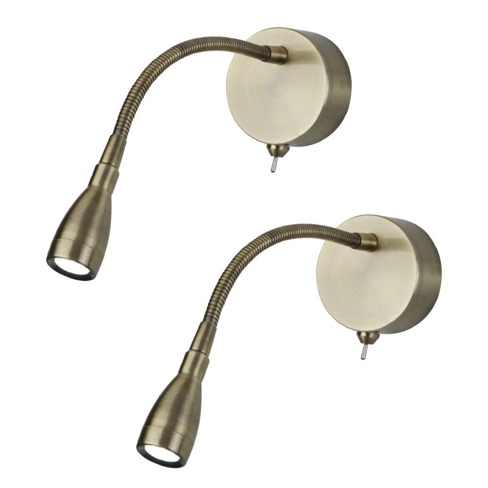 Britalia 2 Pack - LED Antique Brass Flexible Switched Modern Reading Wall Light | 0.8W 30lm 6500k LED | IP20 | UK Approved | Bendy Stem | Toggle Switch | Bedroom Lights