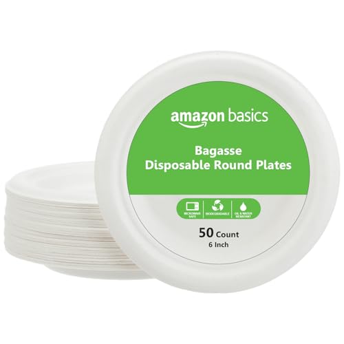 Image of Amazon Basics Bagasse Disposable Round Plates | 6 Inch - Pack of 50 | Biodegradable | Leak-Resistant | Hot & Cold Food Safe | Eco-Friendly | Party, Weddings, Birthdays, Events, Travel Plates