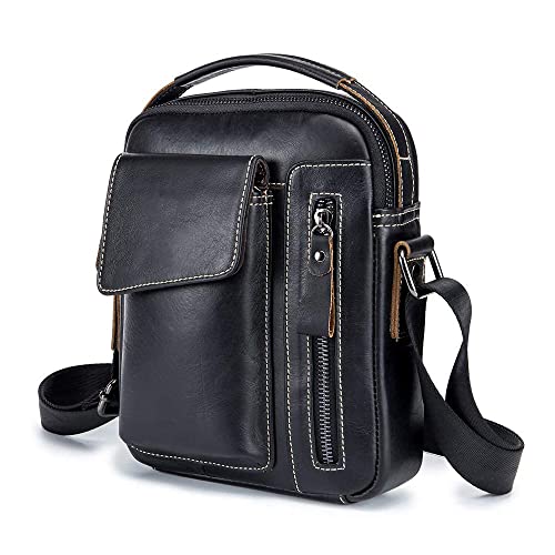 WeeDee Umhängetasche Herren Leder Klein - Schultertaschen Herren Taschen Ledertasche zum Wandern,Radfahren,Reisen (Schwarz)… Cover
