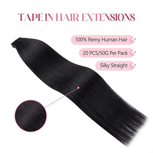 Image of Sixstarhair Jet Black Tape In Hair Extensions Human Hair 20 Pieces Natural Black Hair Extensions Made of 100 Remy Human Hair and Double Side Tape [Color 1 Jet Black 16inch]
