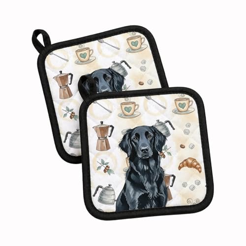 Caroline's Treasures Black Flat-Coated Retriever Coffee Bar Pair of Pot Holders Pair 7.5x7.5 Quilted Insulated Hot Pads Decorative Kitchen Gift Made in USA