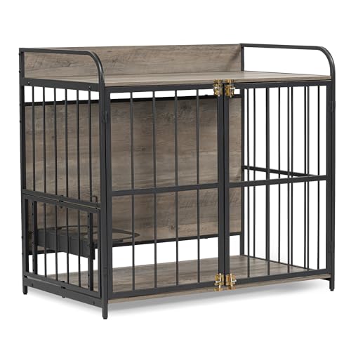 39'' Indoor Metal Dog Crate with Double Doors, Wooden Side End Table Crate, Dog Crate Furniture with Adjustable Feeder Stand, for Medium Dog, Gray -  Changle Yasen Houseware Co.,Ltd., WF323362AAE