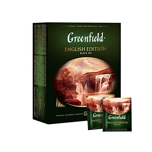 GREENFIELD ENGLISH EDITION | Schwarztee | Starker schwarzer Tee zum Frühstück | Enthält Koffein | Hochwertigen Tee | Glutenfrei | Koscher | Ceylon-Tee | 100 Beutel