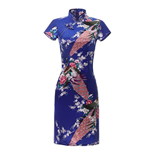 Mini robe chinoise en satin de soie artificielle bleue à col mandarin chic