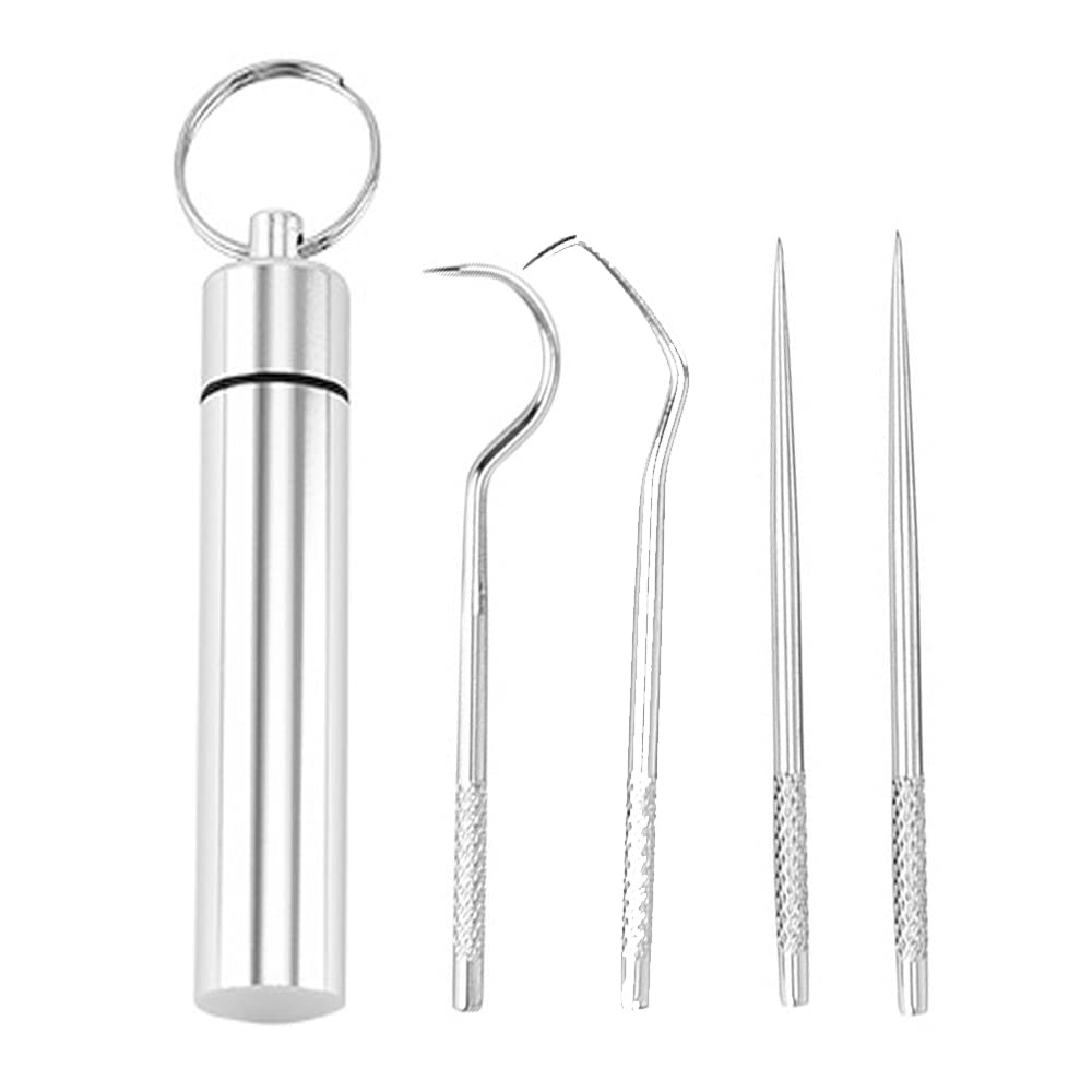 Dental Teeth Pick Stainless Steel Toothpick Set Reusable Tooth Stains Remover Dental Tool Teeth Cleaning Tools with Holder for Outdoor Picnic, Camping, Travel (4PCS) (Silver)-picture-10