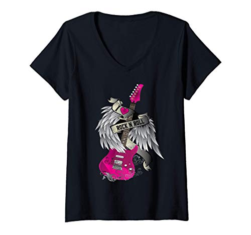 Femme I Love Rock And Roll Guitar Angel Wings T-Shirt avec Col en V