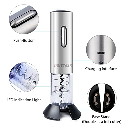 Doittask Wine Opener, Electric Automatic Corkscrew, Rechargeable Cordless Wine Bottle Openers With Foil Cutter And Usb Charging Cable For Wine Lover Gift Set (Stainless Steel) #TOP3