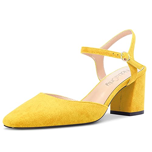 NobleOnly Mujer Medio Chunky Ancho Heel Cerrado el Dedo del pie Cuadrada Punta Slingback Correa Tobillo Sandalias Fiesta Dress Zapatos 6.5 CM Heels Amarillo 36 EU