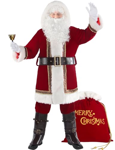 Boveco 10PCS Deluxe Christmas Santa Claus Costume Men Santa Suit Cosplay Adult Red Velvet Outfit Xmas Holiday Party 2XL