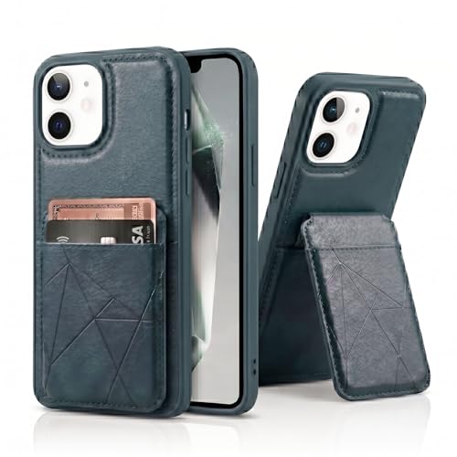 Image of amazon basics Premium Vegan Leather Back Cover with Card Holder and Integrated Mobile Stand for iPhone 12 - Slim Shockproof Wallet Case with Geometric Stitching [Blue]