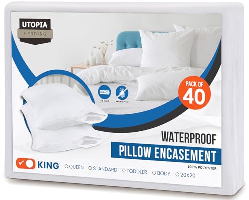 Image of Utopia Bedding Premium 100% Waterproof Pillow Protectors with Zipper King Size (Set of 40), Bed Bug and Dust Mite Proof Zippered Pillow Covers, Pillow Encasement Cases, White