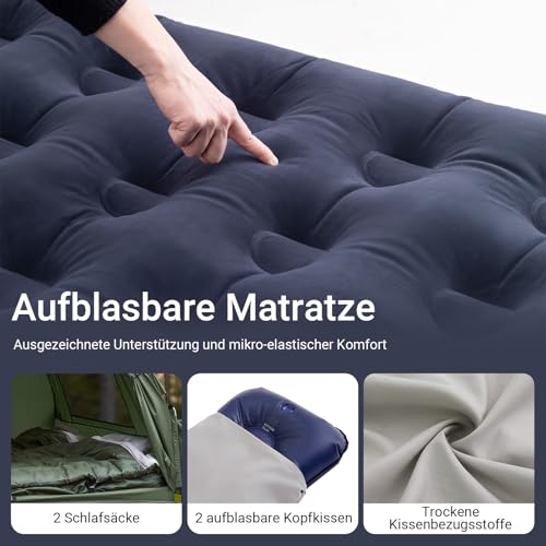 SoBuy Feldbett mit Zelt 2 Personen 7in1 Wurfzelt mit Luftpumpe, Rolltasche, Schlafsack, Vorzelt Wasserdichtes Campingbett Outdoor Campingliege Familienzelt Grün 193x188x145cm bis 180 kg OGS32-L-GR
