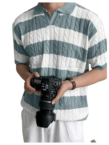 Men's Striped Short Sleeve Sweater Lapel Collar V Neck Colorblock Pullover Sweaters