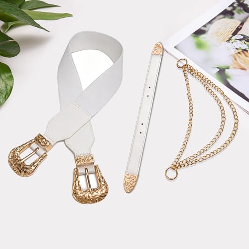 Image of Dubulle Womens Belt Chain Leather Belts Vintage Western Adjustable Elastic Double Buckle for Cowboy Pant Dress